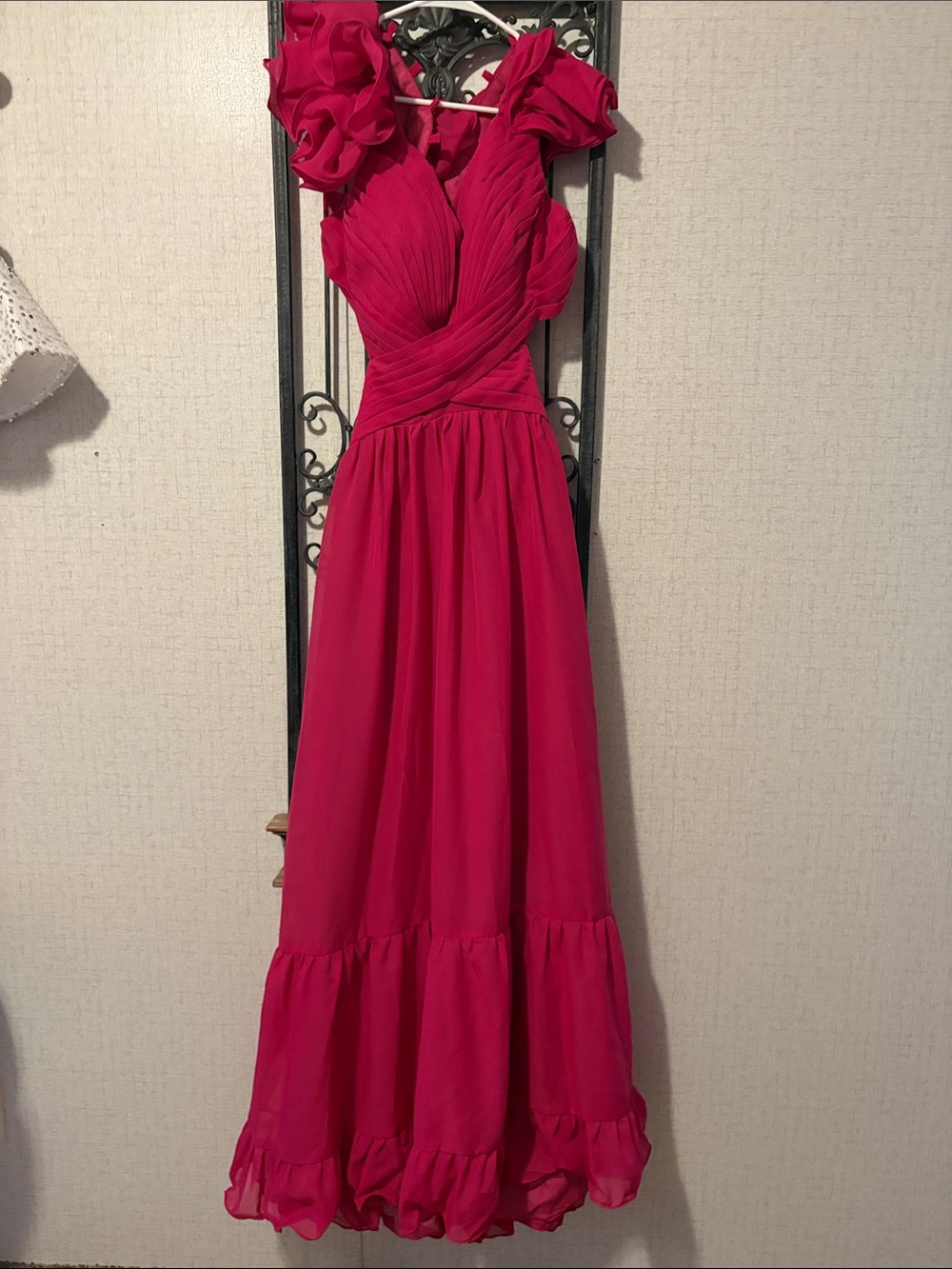 Fuchsia Ruffled Shoulder Prom Gown
